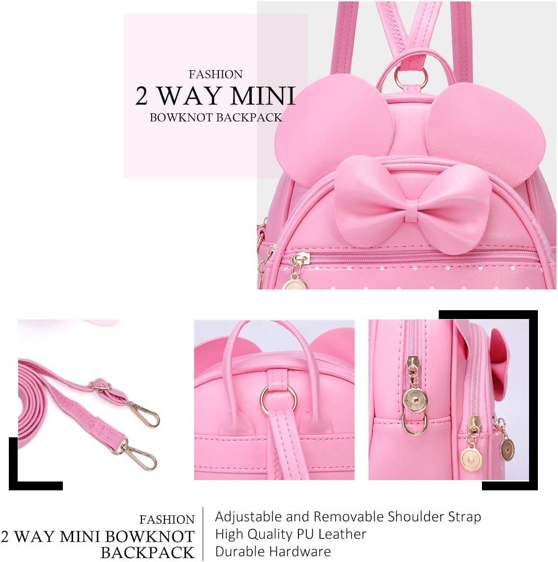 Girls Bowknot Polka Dot Cute Mini Backpack Small Daypacks Convertible Shoulder Bag Purse
