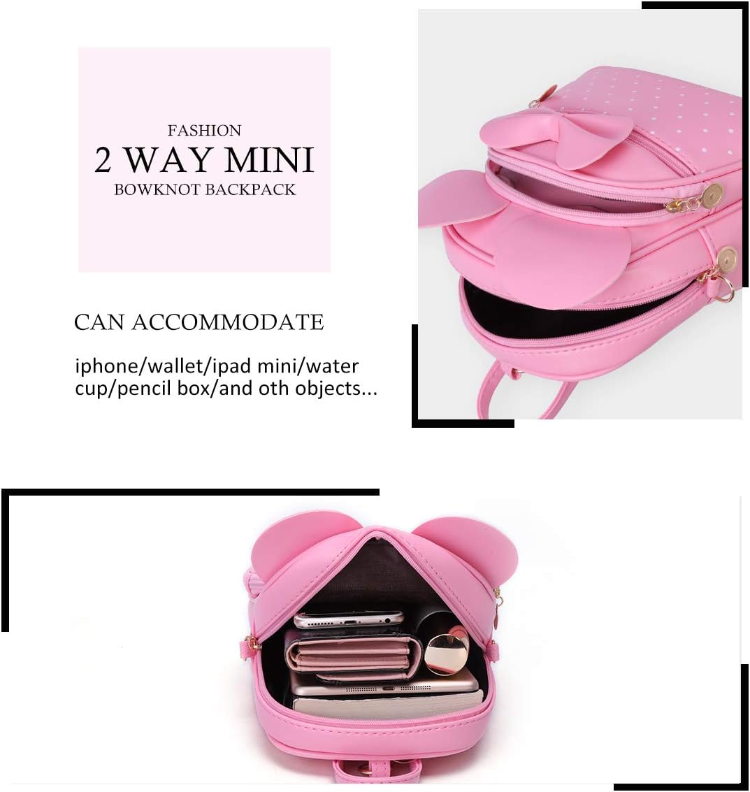 Girls Bowknot Polka Dot Cute Mini Backpack Small Daypacks Convertible Shoulder Bag Purse