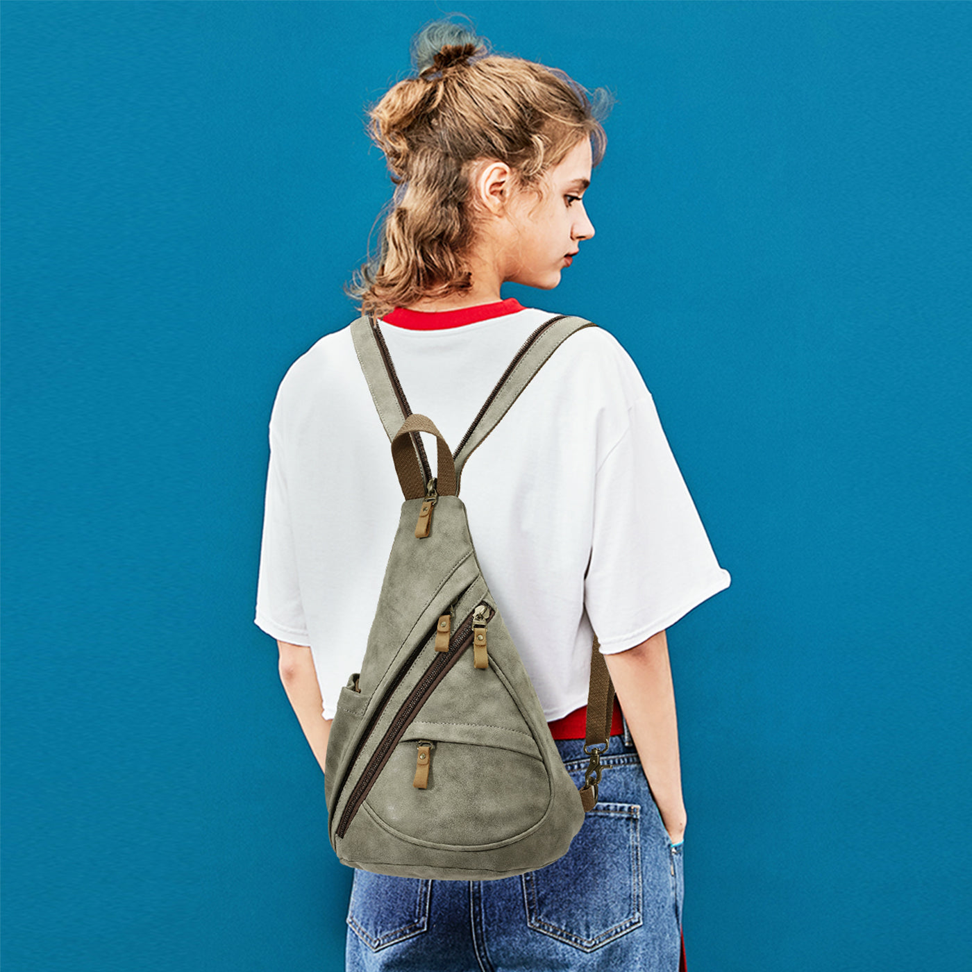 KL928 PU Leather Sling Bag - Small Crossbody Backpack Shoulder Casual Daypack Rucksack for Men Women