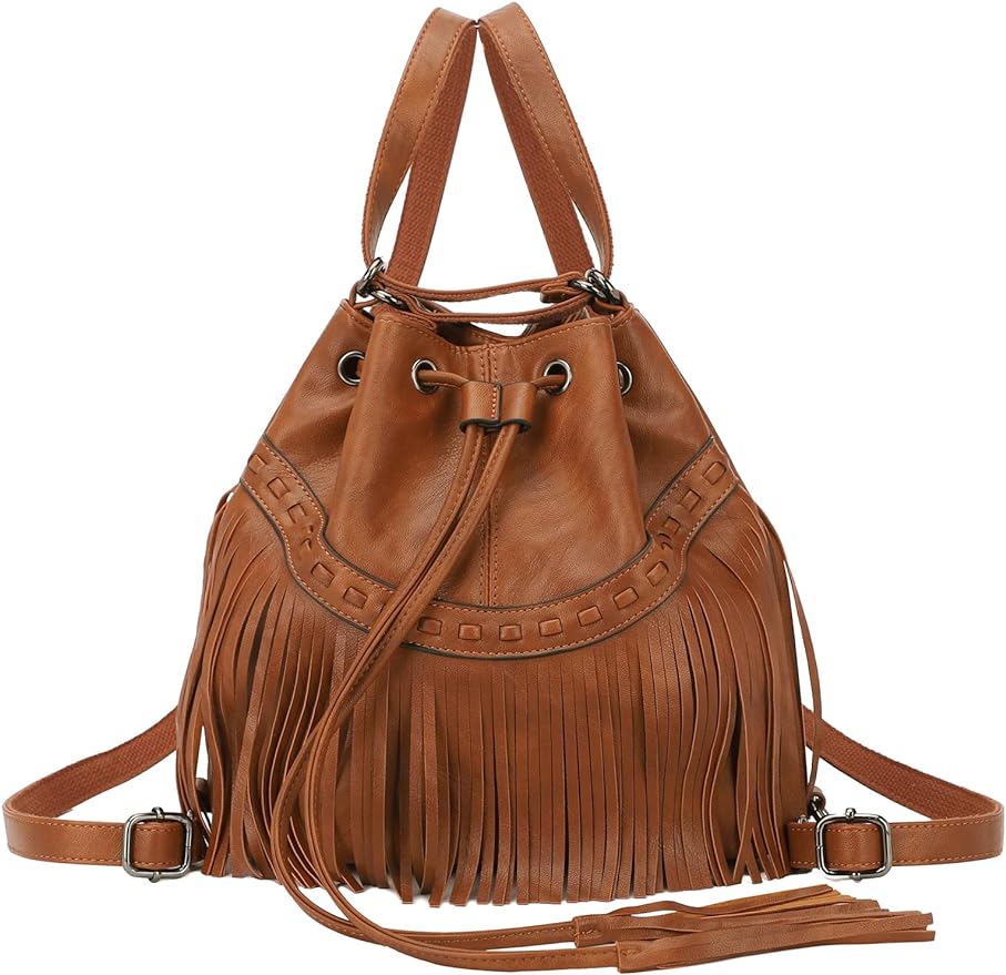 Drawstring Purses for Women Fringe Backpack Tassel Crossbody Bags