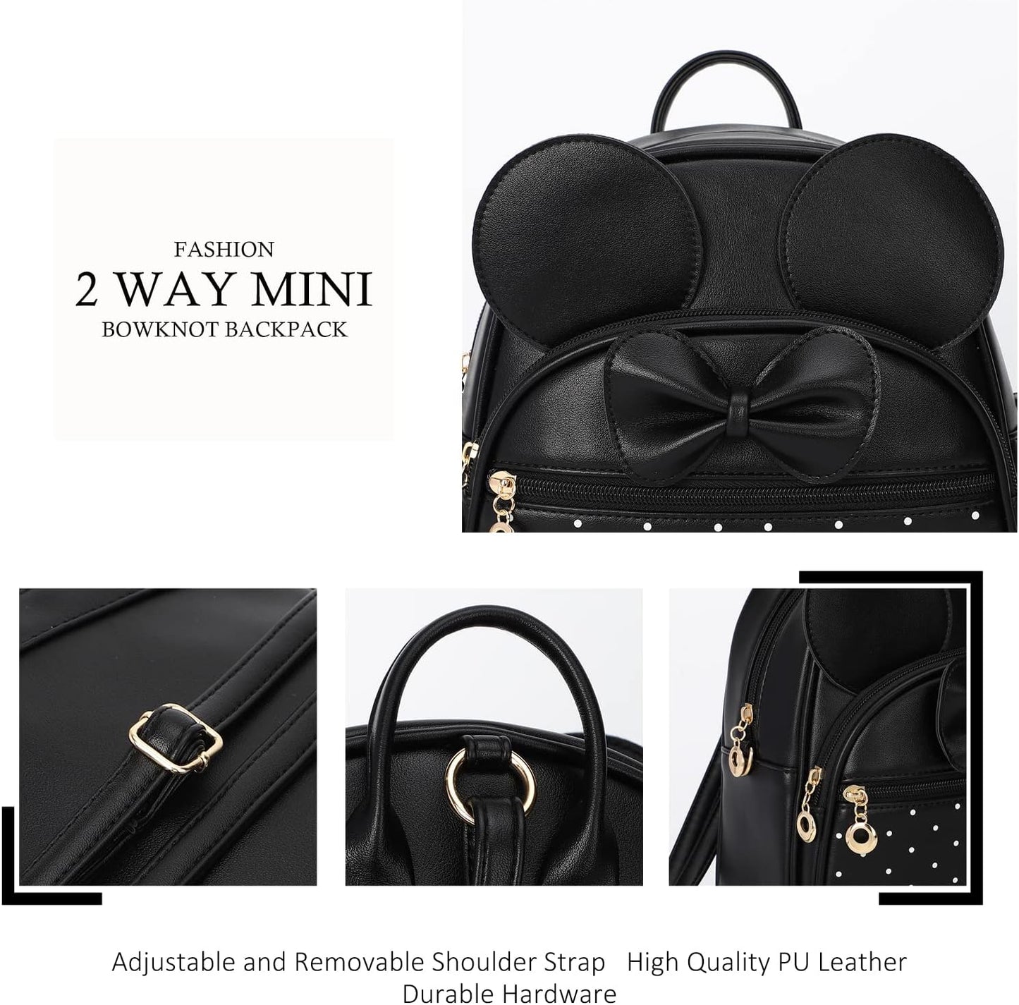 KL928 Girls Mini Backpack Bowknot Polka Dot Cute Daypacks Convertible Shoulder Bag Purse for Women (Black)