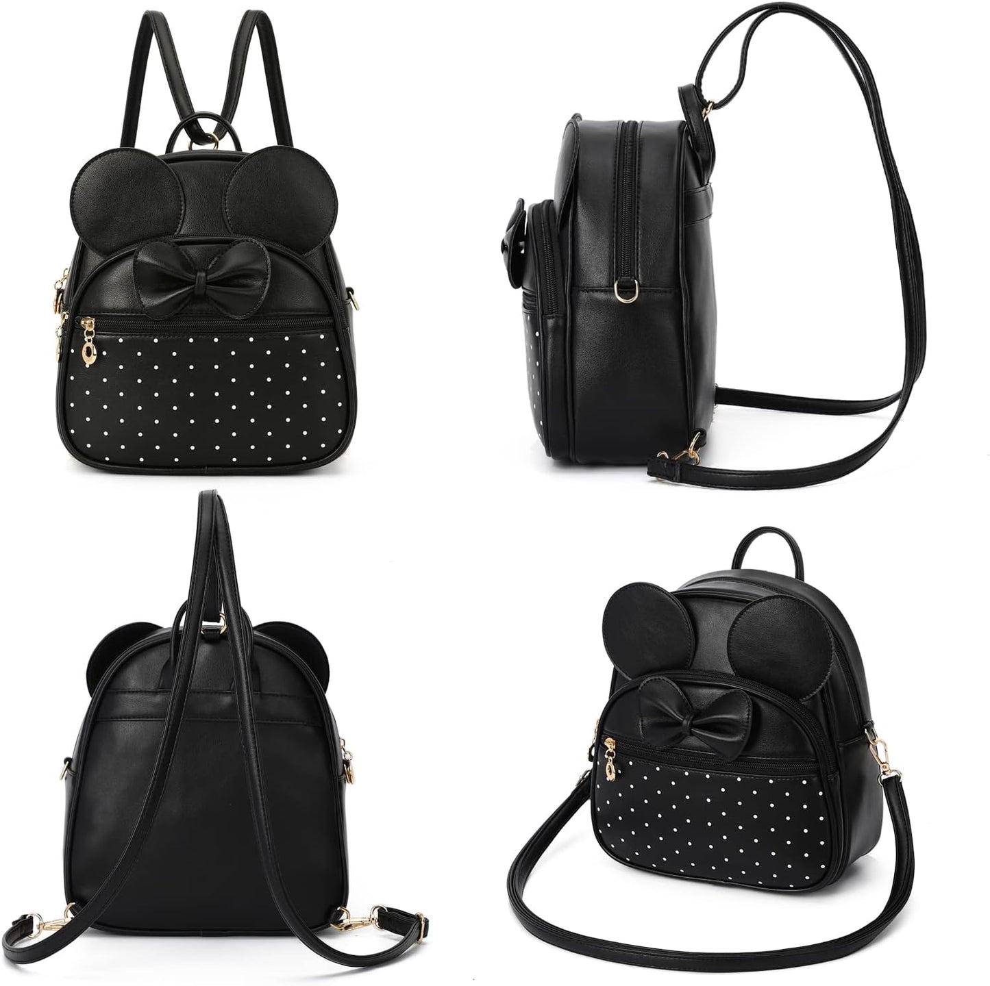 KL928 Girls Mini Backpack Bowknot Polka Dot Cute Daypacks Convertible Shoulder Bag Purse for Women (Black)