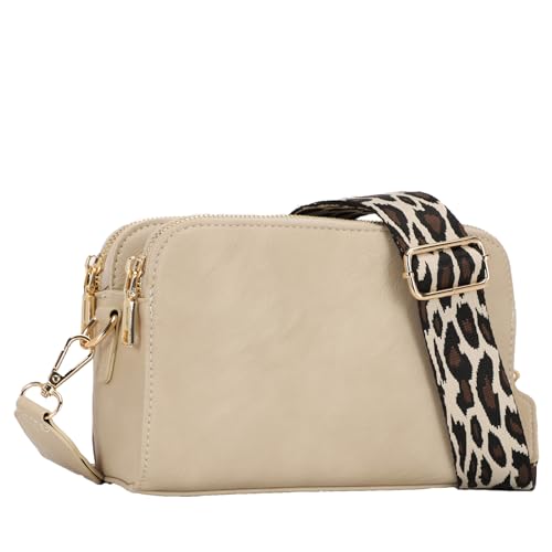 Crossbody Camera Bag Vegan Leather Shoulder Bag Small Triple Zip Handbag Cross Body Purse with Detachable Strap for Women