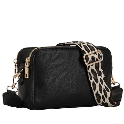 Crossbody Camera Bag Vegan Leather Shoulder Bag Small Triple Zip Handbag Cross Body Purse with Detachable Strap for Women