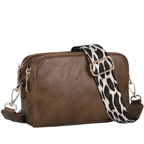 Crossbody Camera Bag Vegan Leather Shoulder Bag Small Triple Zip Handbag Cross Body Purse with Detachable Strap for Women