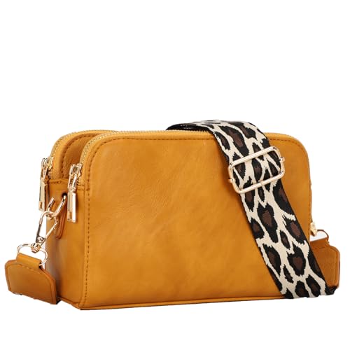 Crossbody Camera Bag Vegan Leather Shoulder Bag Small Triple Zip Handbag Cross Body Purse with Detachable Strap for Women