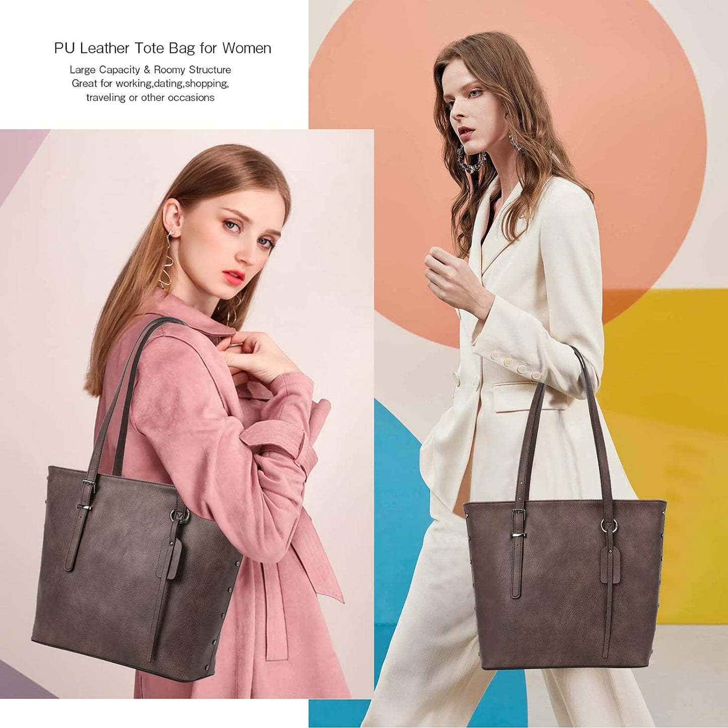 Large Shoulder Bag PU Leather Purses Top Handle Satchel Tote Bag 2Pcs Set